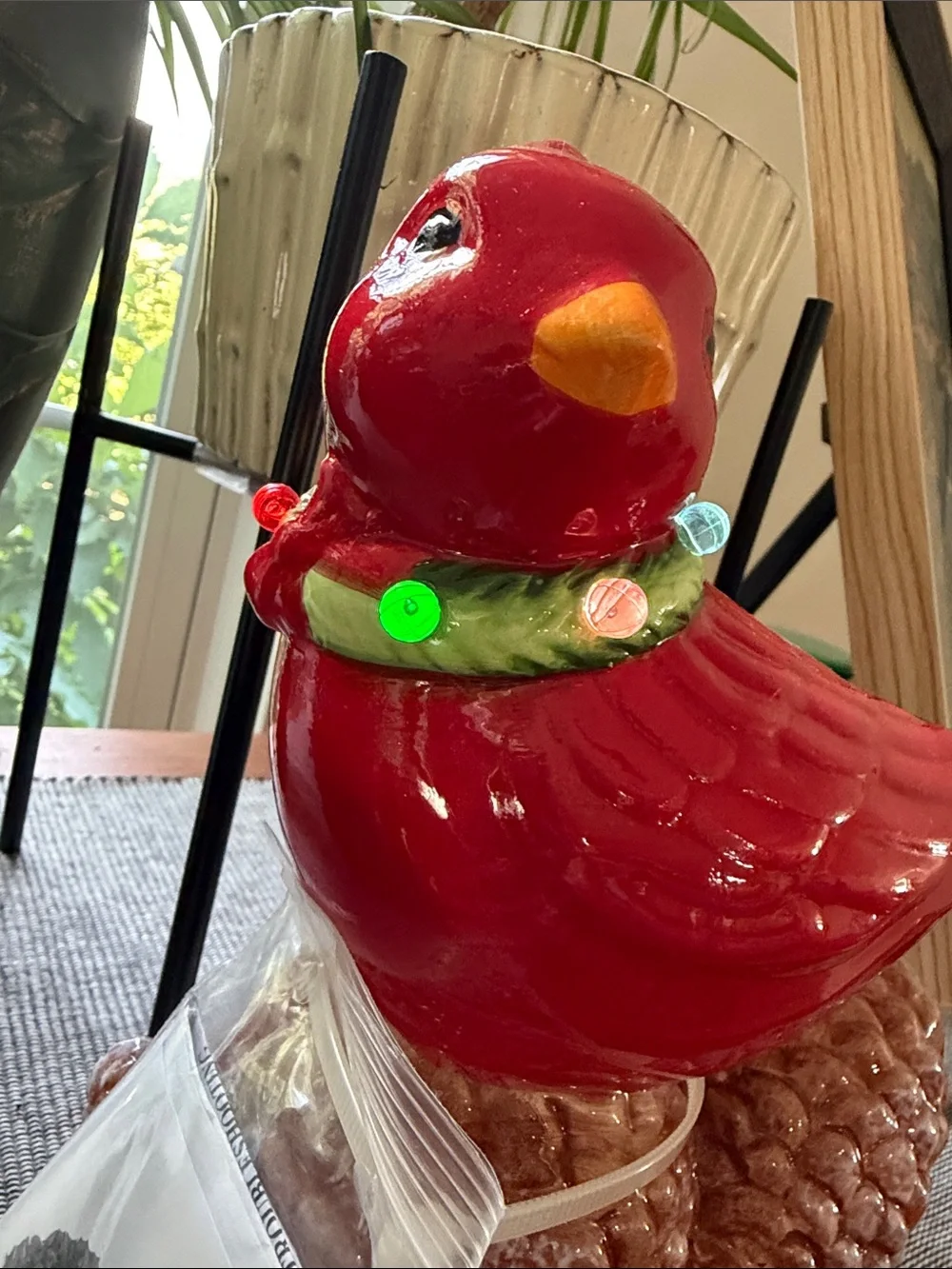 Festive Red Ceramic Cardinal Figurine with Green Beaded Collar - Pet Bird Decor